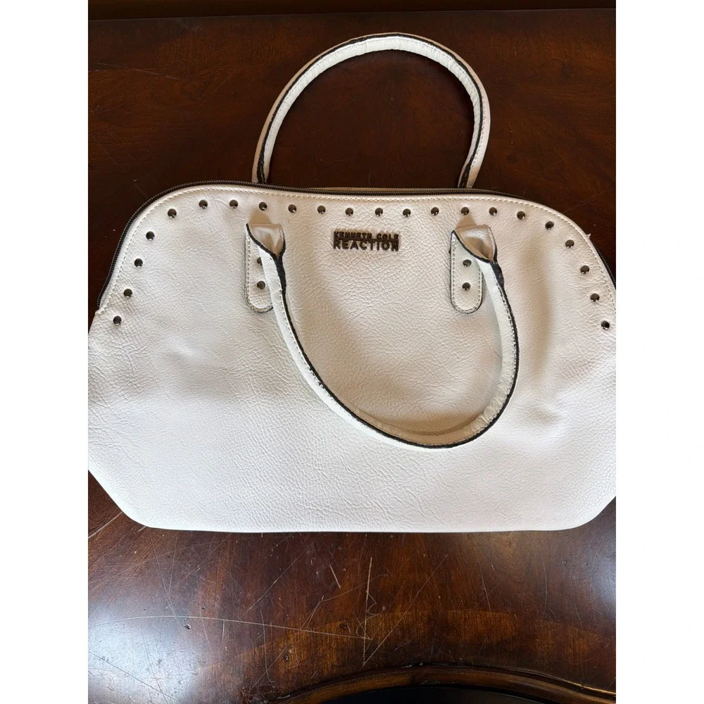 Kenneth Cole‎ Reaction White Studded Pebbled Faux Leather Satchel Handbag